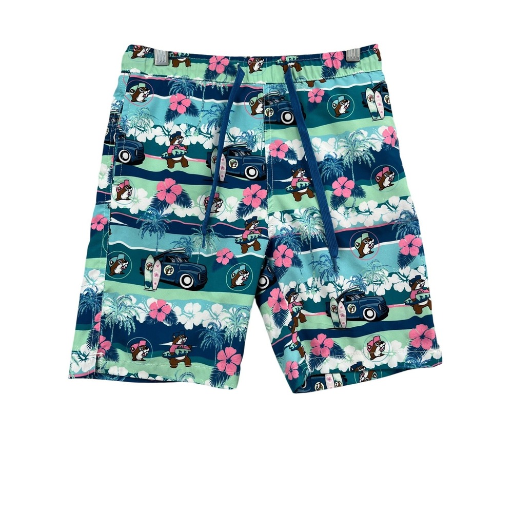 Bucees Swim Trunks Boys YS Blue Green Beaver Surf Tropical Beach Board Shorts